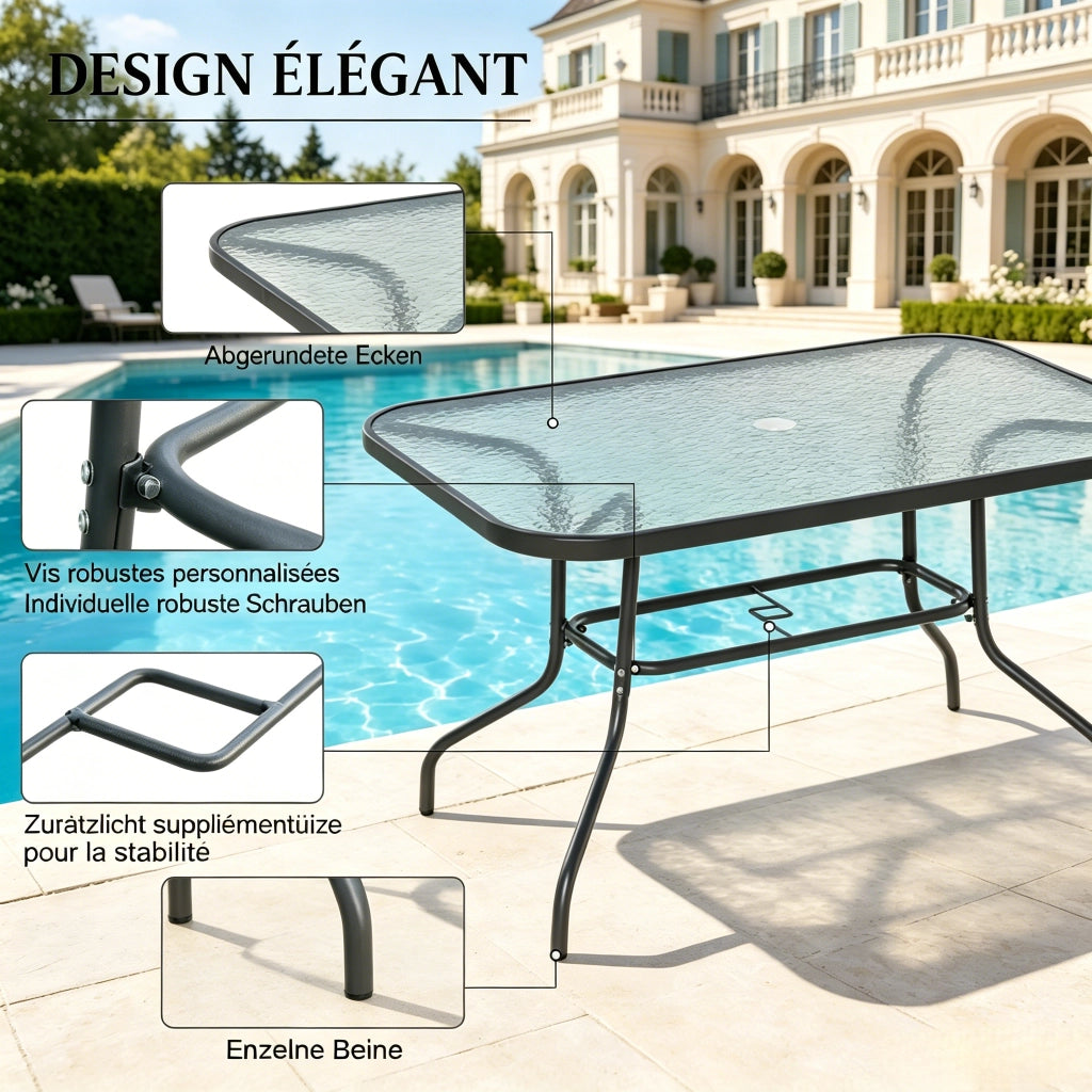 Tavolo da pranzo per esterni rettangolare con foro per ombrellone in metallo e vetro temperato grigio 120 × 80 × 70 cm
