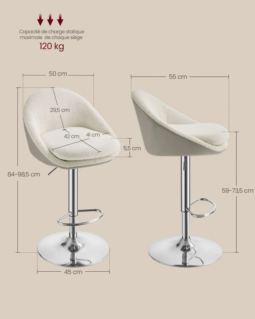 Set di 2 sgabelli da bar sedie da cucina regolabili in altezza girevoli a 360° con schienale base e poggiapiedi acciaio per bancone bar sala da pranzo bianco crema 12_0007709