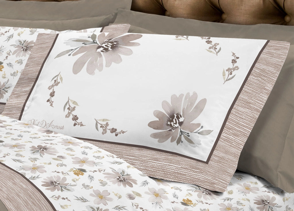 Completo Lenzuola Letto Flanella Calda 100% Cotone Disegno Fiori 8284 - Matrimoniale - Beige