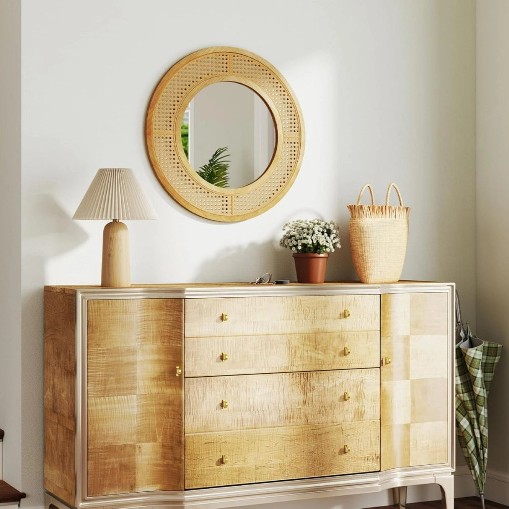 Specchio da parete in rattan con cornice in legno, Specchio decorativo rotondo bohemien da parete 65 x 65 cm-Specchi da parete