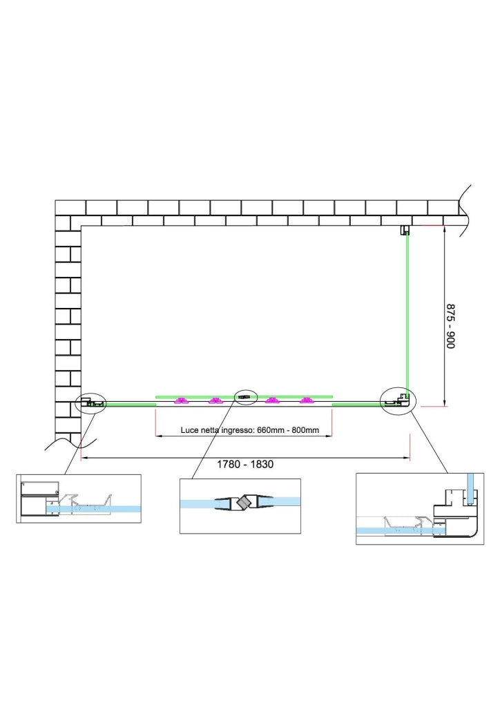 Box doccia 6 mm H 190 parete fissa e porta a 4 ante con apertura centrale MISURA 87,5-90 ANTA FISSA + PORTA 178-183