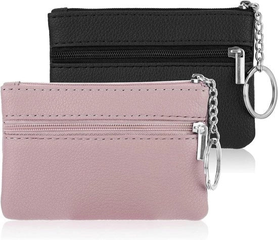 Borsa Portachiavi in Pelle con Chiusura a Raccordo e 2 Compartimenti Nero Rosa Unico Modello.