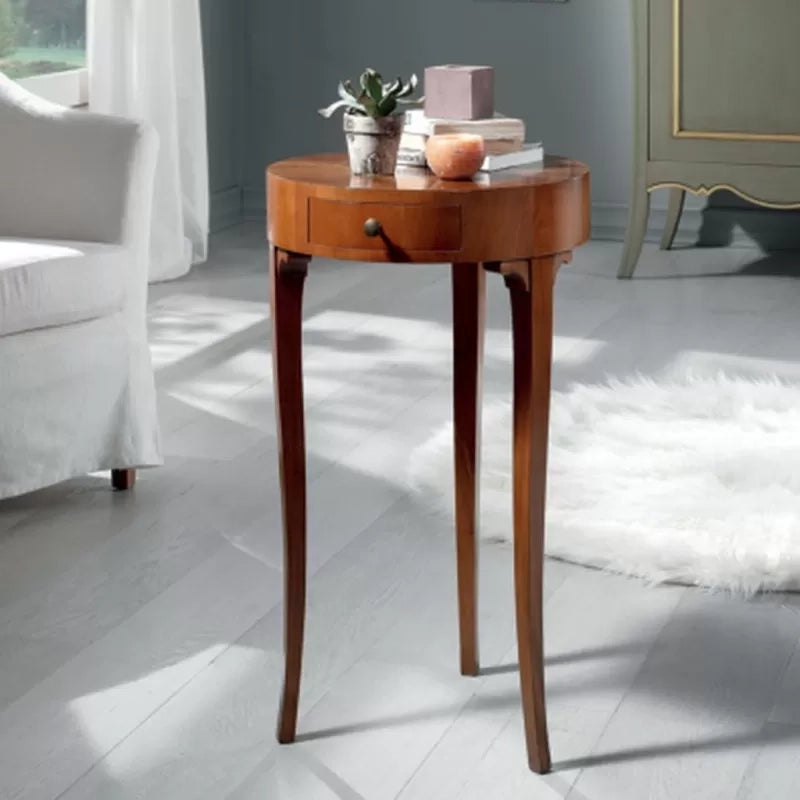 Tavolino in legno tondo 1 cassetto  noce intarsiato misura diametro 41 h.71 - Mobili 2G