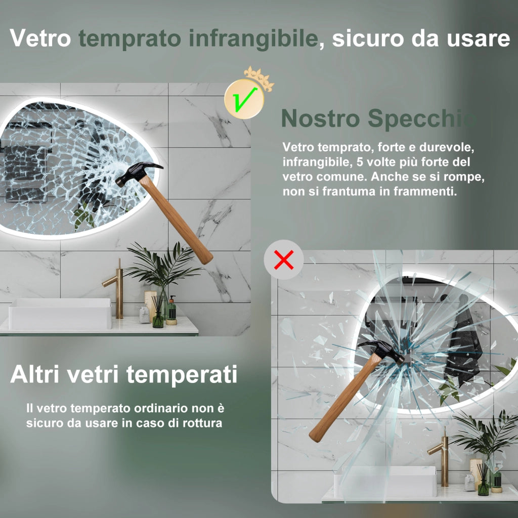 AICA Specchio da bagno  80 x 65 cm, dimmerabile, Funzione Memoria, antiappannamento, 3 colori