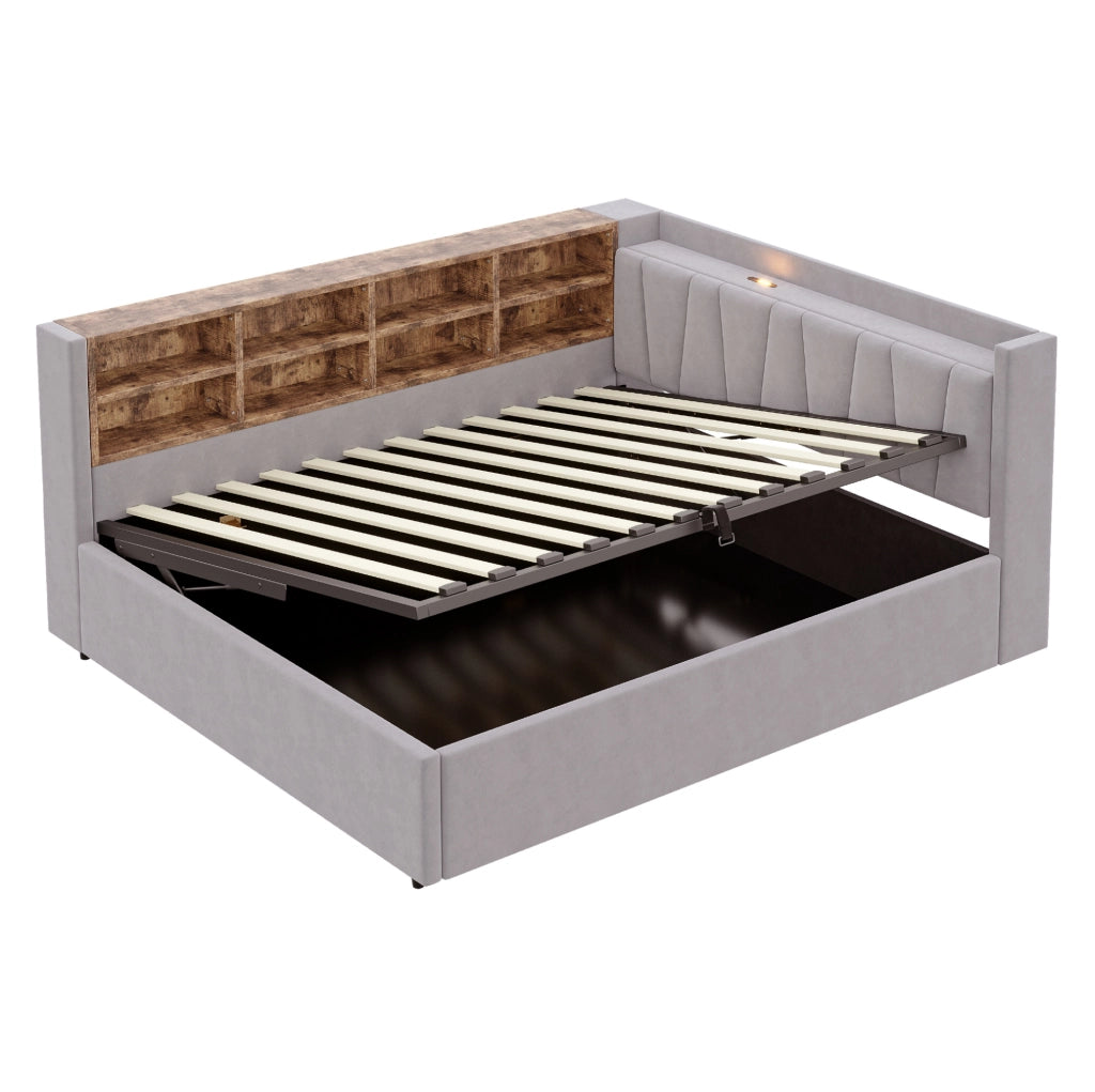 Letto imbottito ULEVR 140x200 cm con contenitore idraulico, luce notturna, USB e Type-C, velluto grigio chiaro
