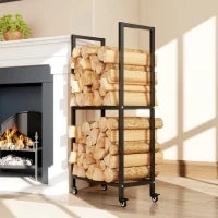 Portalegna da Esterno e Interno a Due Livelli con Ruote in Acciaio Rinforzato, 60x30x119 cm, Nero