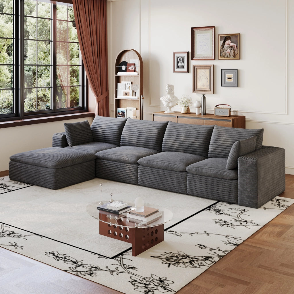 Divano 3 Posti in Velluto a Coste ¨C MINIMAL ¨C Grigio Scuro, 340cm, Imbottito, Cuscini