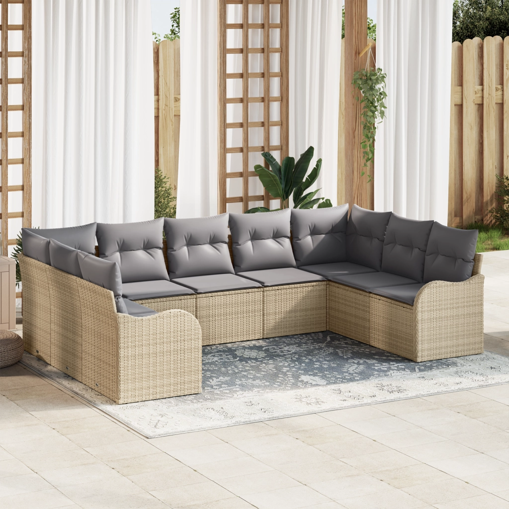 Set Divano da Giardino 9 Pezzi con Cuscini Beige in Rattan Polietilene