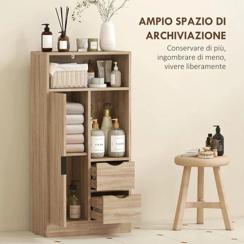 MOBILE BAGNO SALVASPAZIO SLIM CON 2 CASSETTI, RIPIANI E ARMADIETTO, 50X25X100 CM, LEGNO NATURALE