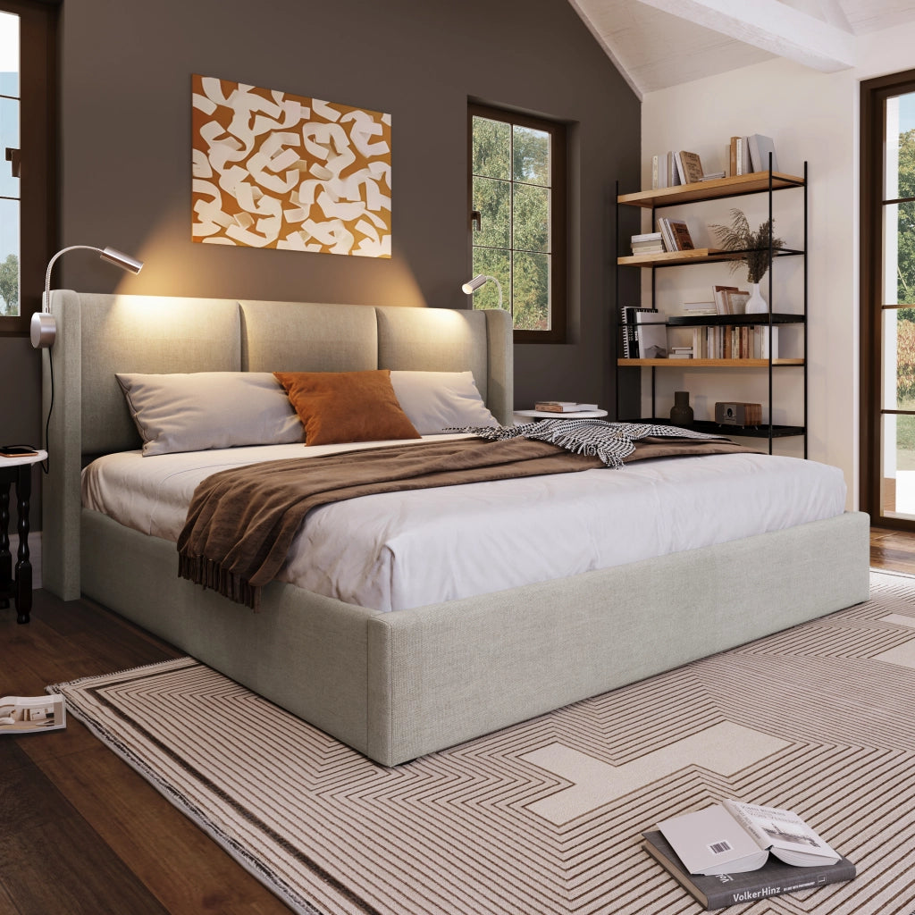 LETTO Contenitore 180x200 cm Beige in Lino con Luce da lettura e USB