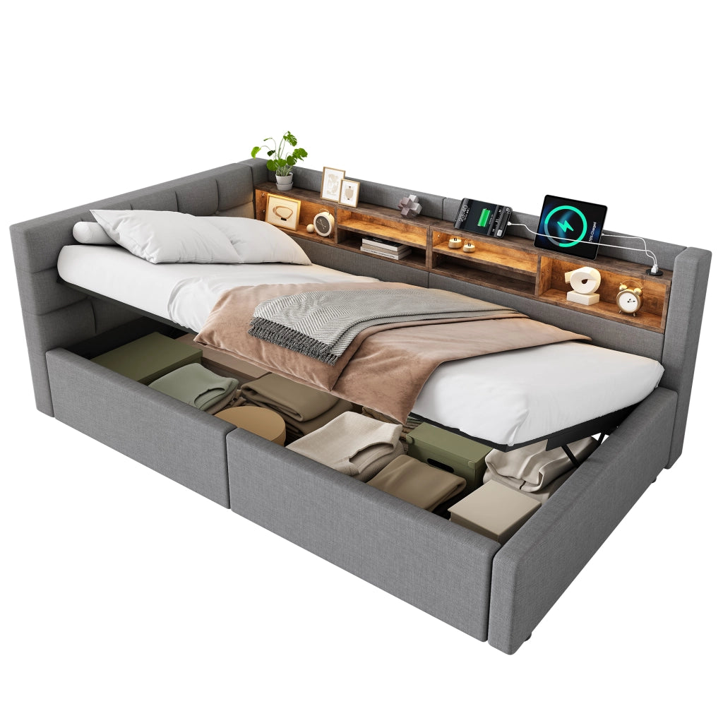 Letto contenitore 90x200 cm con LED dimmerabile; testiera con ripiano e prese USB; rivestimento in lino; grigio