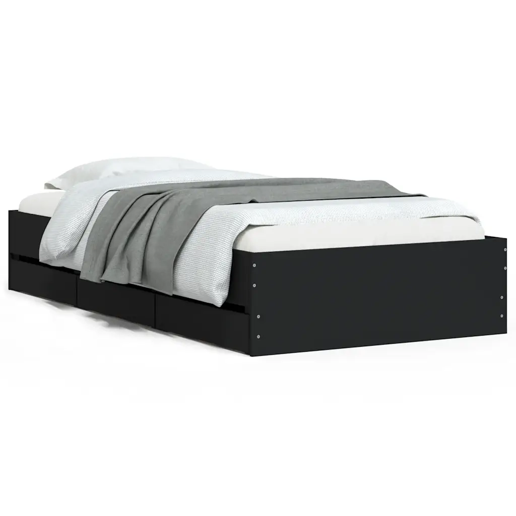 Letto singolo | Letto per adulti | Giroletto con Cassetti Nero 90x190 cm in Legno Multistrato