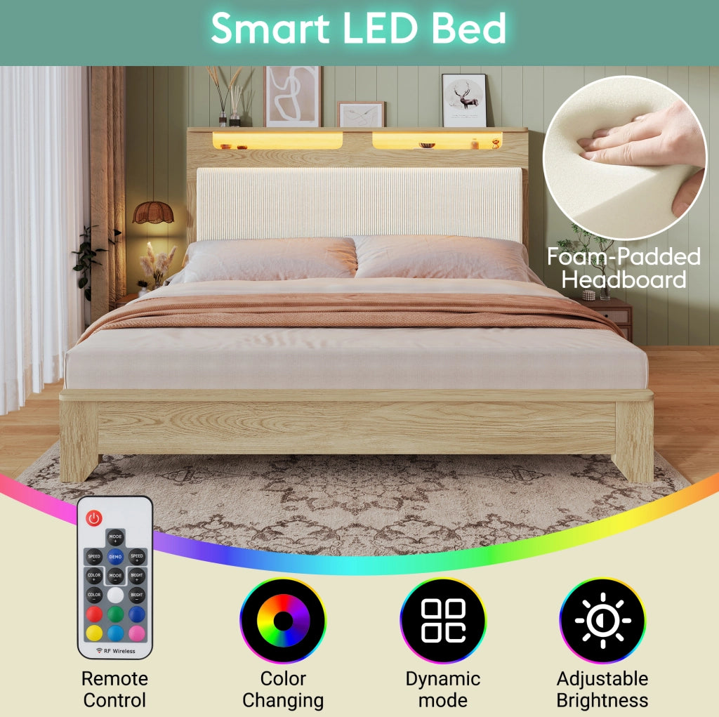Letto matrimoniale con panca contenitore, LED e materasso incluso
