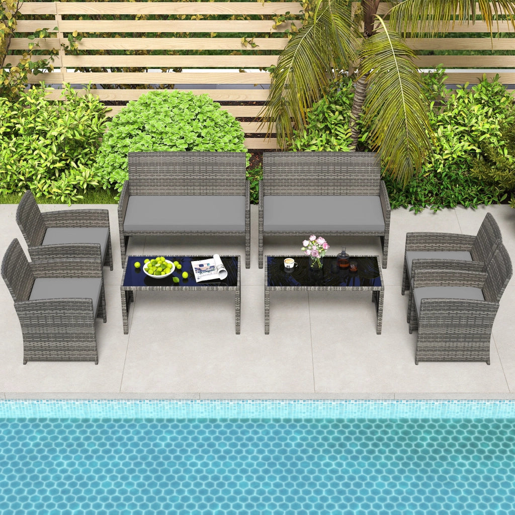 Set conversazione patio 4 pezzi in vimini con cuscini e vetro temperato, Mobili da esterno per giardino veranda balcone Grigio