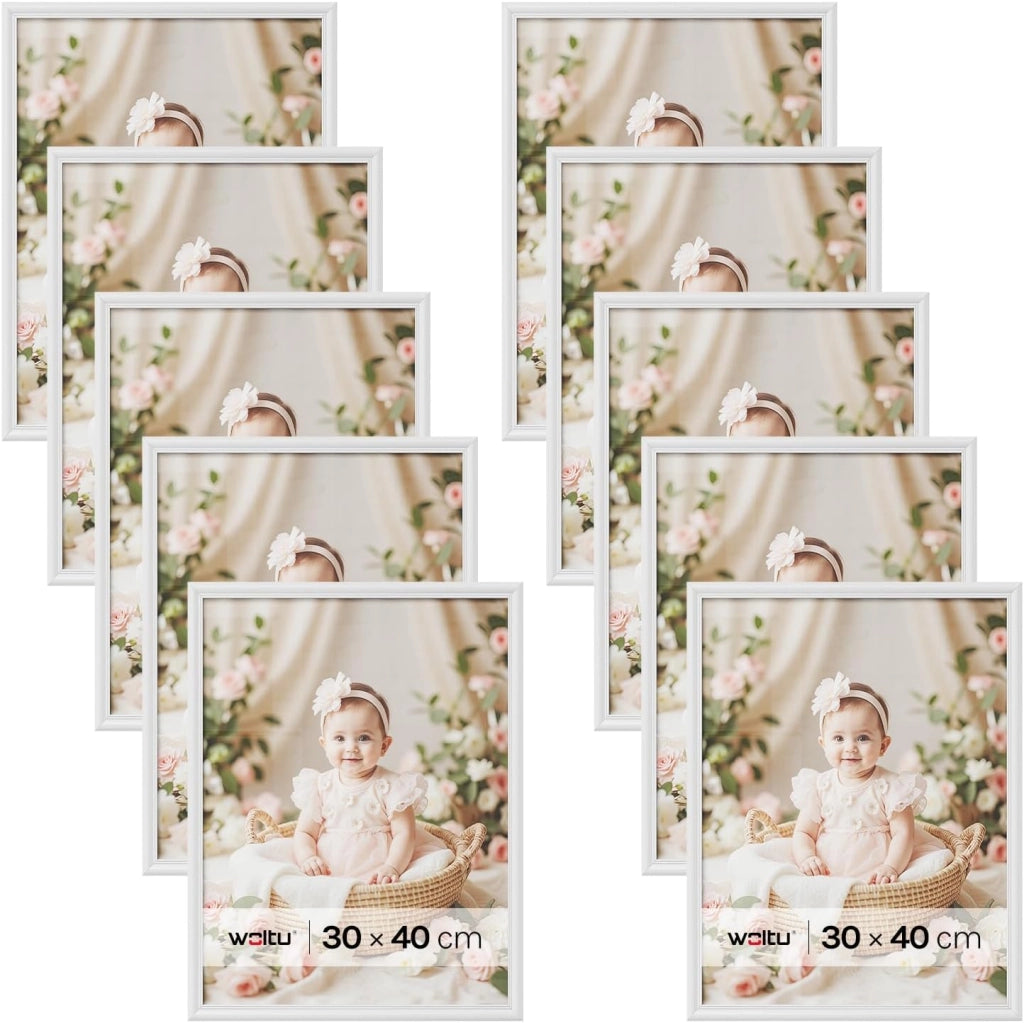 Cornice per Foto 30x40 cm Set di 10 Cornice da Parete e Tavolo, Portafoto in Legno Massello e Pannello in Plastica, Collage Foto, Bianco