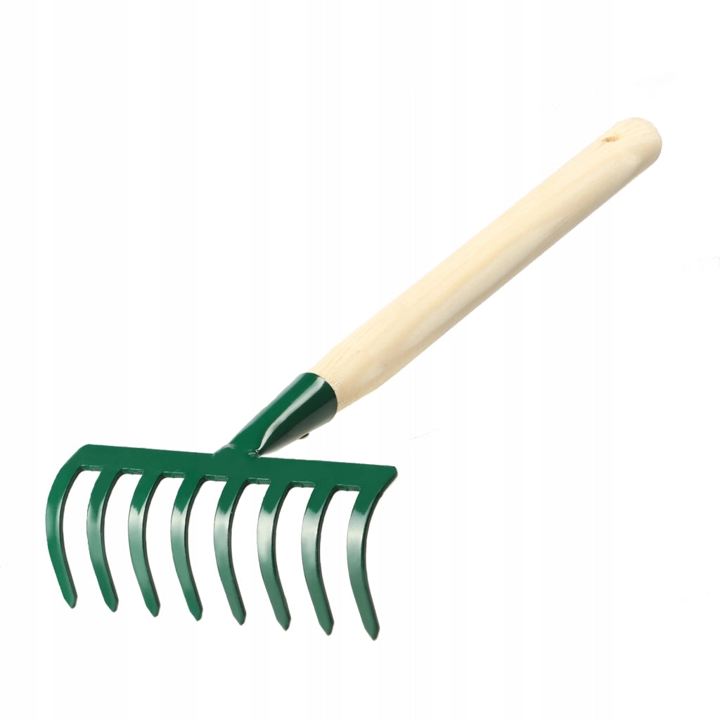 KADAX Piccolo rastrello per foglie ed erba da giardino, 36 cm, 8 denti, manico in legno