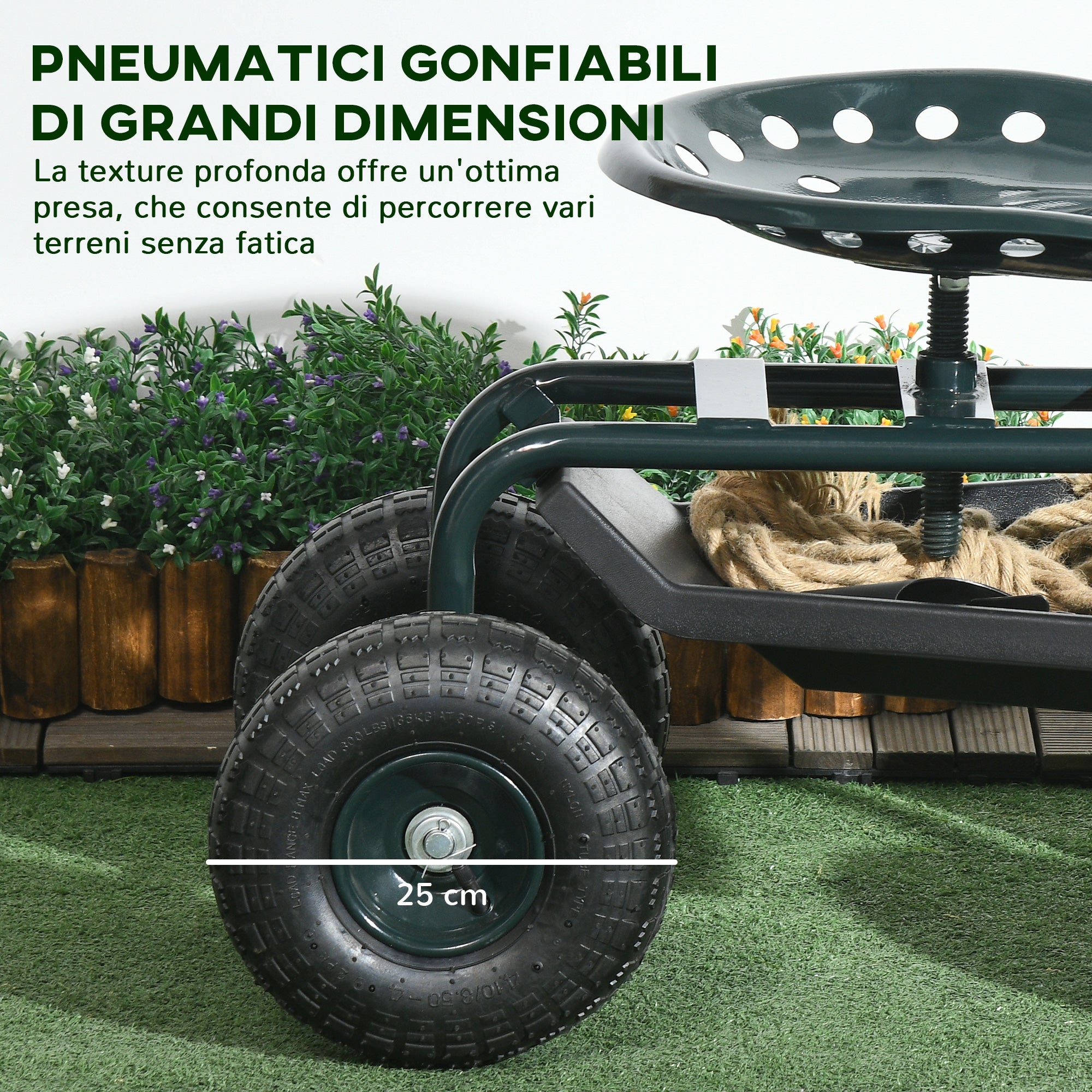 Carrello da Giardino 83x36.5x45-60 cm con Sedile Regolabile e Vassoio Inferiore in Acciaio e PP Verde Scuro