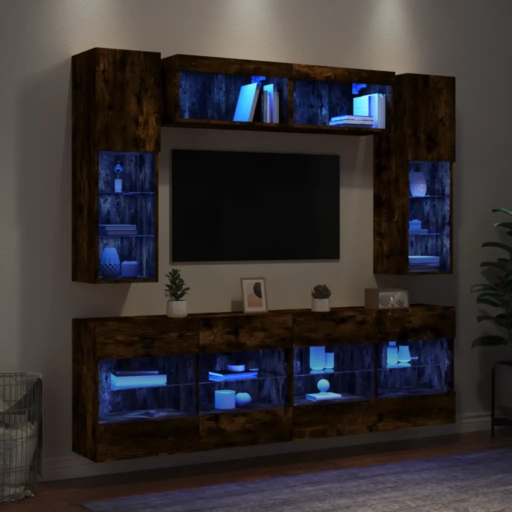 Set Mobili TV a Muro 6 pz con Luci LED Rovere Fumo 3216801