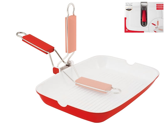 Bistecchiera grilly in alluminio con rivestimento in ceramica bianca e manico in plastica rosso cm 34x24