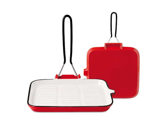 Bistecchiera quadra in ghisa smaltata bianca con manico in filo cromato antiscivolo nero cm 22x22