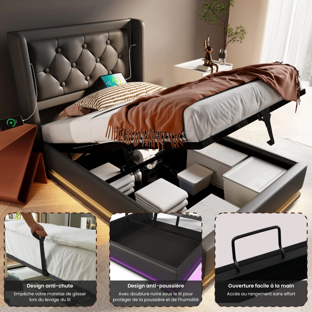 OKWISH Letto Contenitore 90×200 cm, Letto Singolo con Contenitore, USB, Tipo C e LED Regolabile, senza Materasso, in PU, Nero