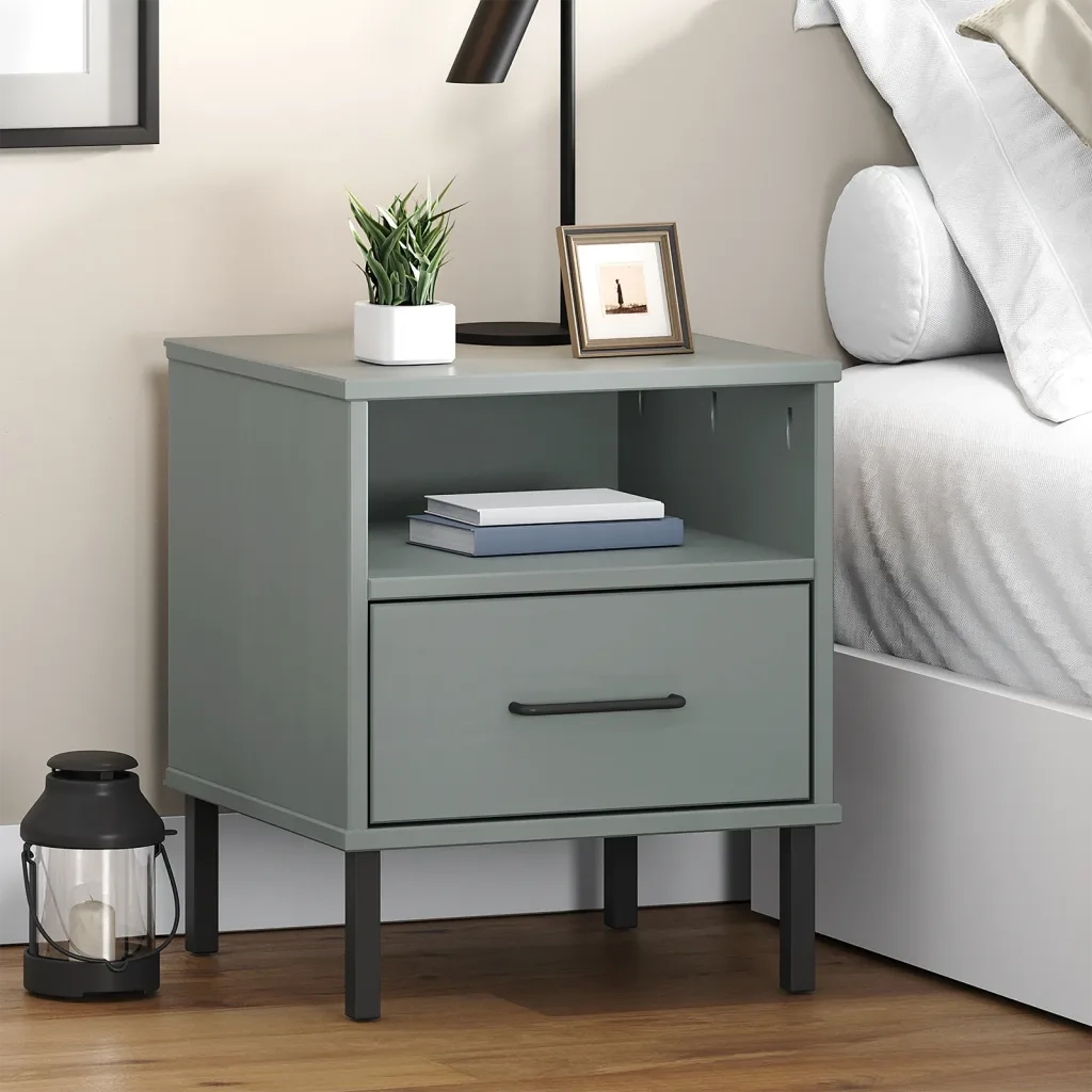 Comodino | Armadio da Notte | Mobiletto da notte con Gambe in Metallo Grigio Legno Massello Pino OSLO