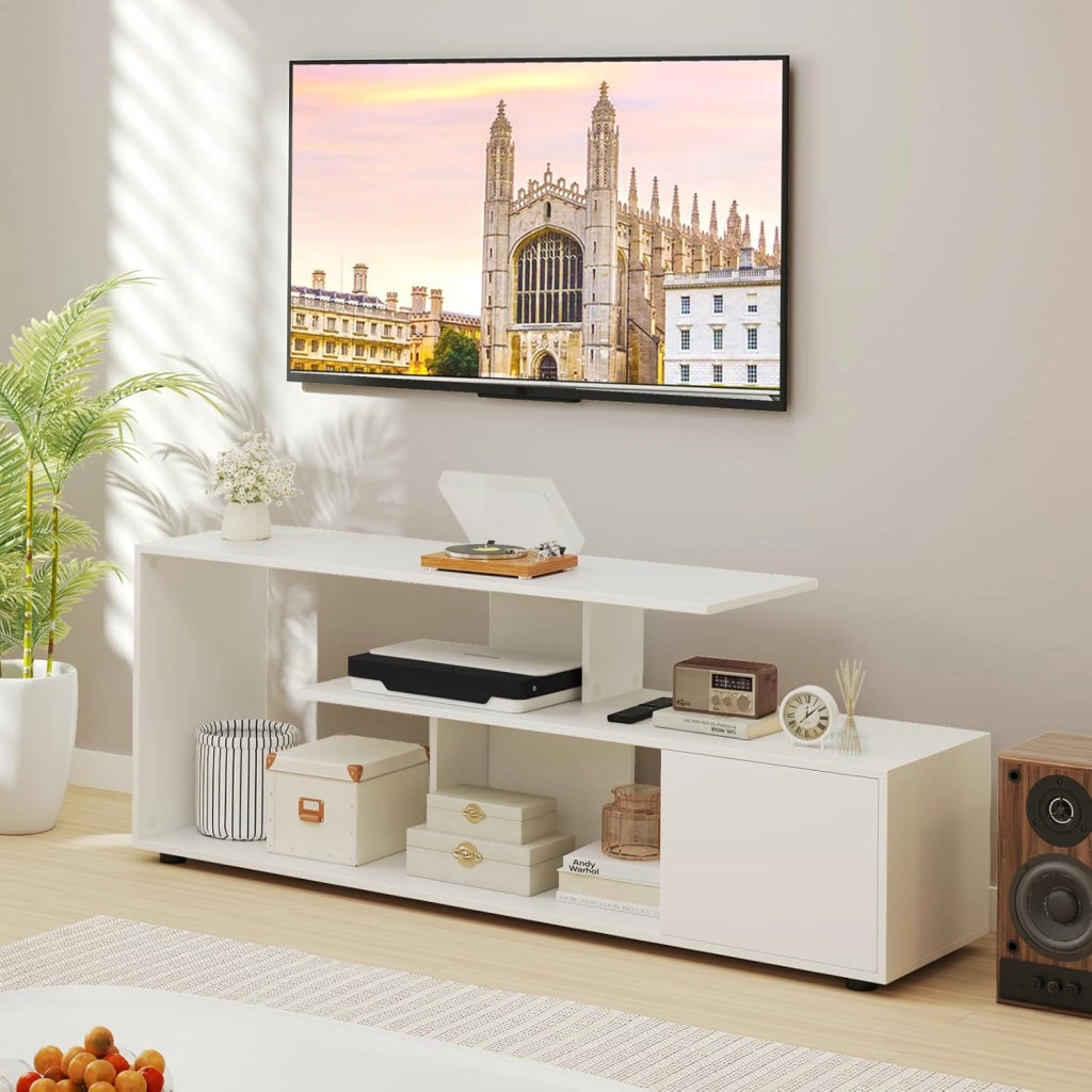 Mobile Porta TV, per TV Fino a 55'', Console Media a 3 Ripiani Asimmetrici con Ripiani di Stoccaggio e Armadietto, Mobile TV con Cassetto, 5 Gambe di Supporto (Bianco)