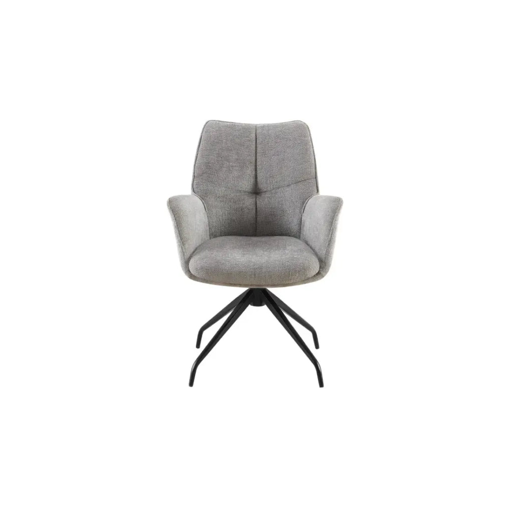 Sedia da pranzo girevole TRINITY – Tessuto grigio – Con braccioli – Piedi in metallo nero – Stile design/industriale