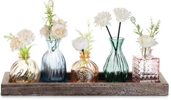 Set di Vasi Mini in Vetro con Scatola in Legno per Ambiente di Casa, Ufficio e Sala da Pranzo, Decorazione di Tavola, 5 Vasi Colorati