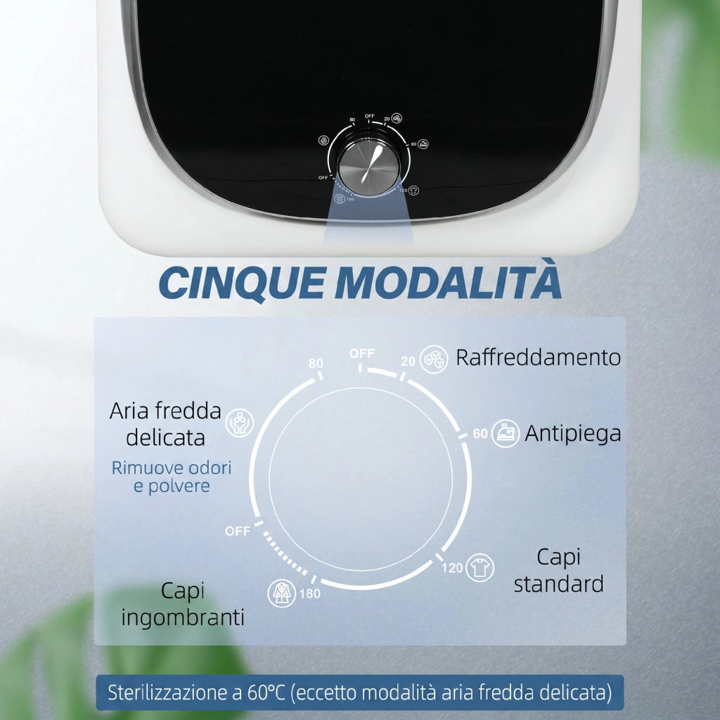 Mini Asciugatrice Portatile 48x40x56 cm Capienza 4 kg 5 Programmi 800W Carica Frontale Tamburo in Acciaio Inox Bianco