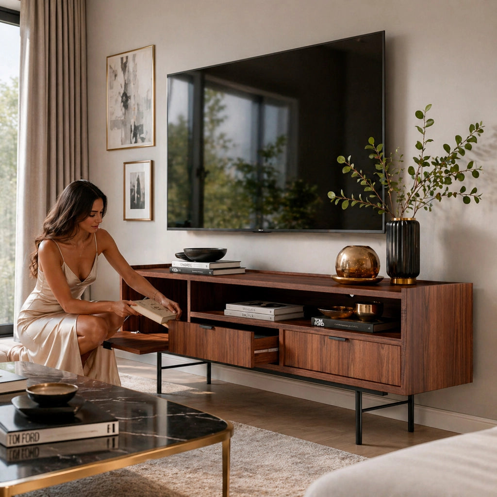Mobile Porta TV Moderno In Melaminico 1 Anta A Ribalta 2 Cassetti Con Vano A Giorno E Passacavo Per Soggiorno Salotto Zona Living Design Contemporaneo 150 X 40 X 55 Cm Noce