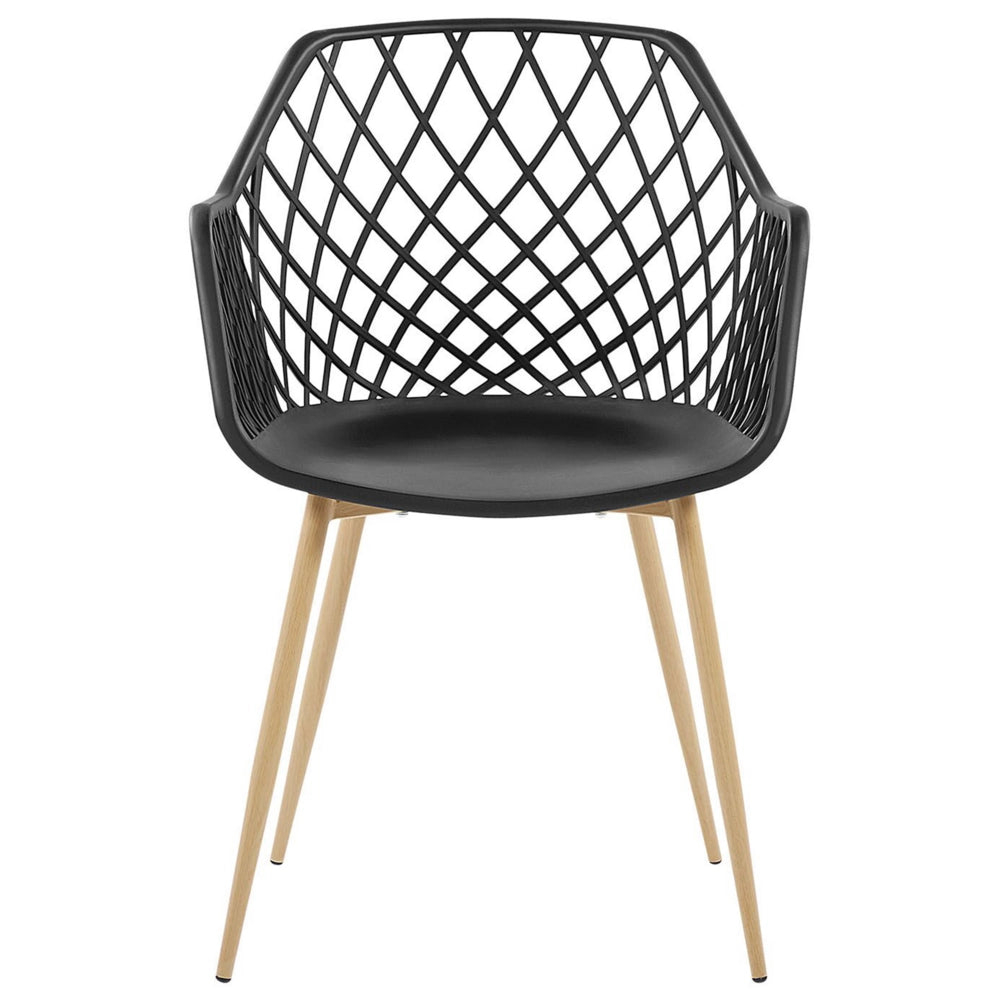 Set di 2 sedie da pranzo Seduta sintetica nera Gambe in metallo in legno chiaro Schienale aperto in rete Soggiorno moderno Stile scandinavo