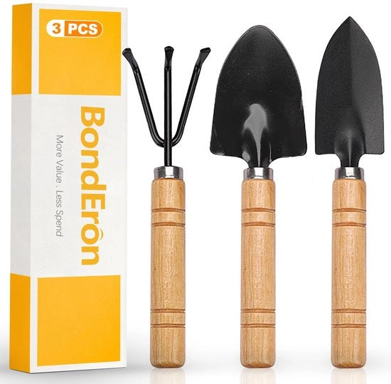 Set di 3 mini-attrezzi da giardinaggio, set di attrezzi da giardinaggio in acciaio inossidabile con 2 mini-scoop e 1 piccola zappa, per accessori di piante da appartamento, mini giardino, balcone e cura bonsai