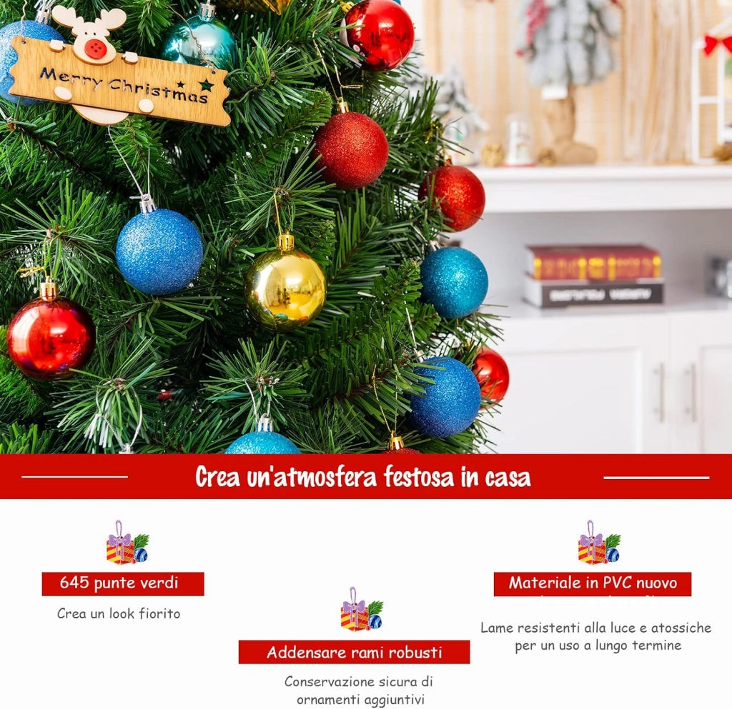 Albero di Natale Artificiale 180 cm, con 645 Rami, Base Pieghevole di Metallo, Verde, per Uso Domestico e Commerciale
