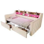 Letto imbottito singolo 90×190 cm con 2 cassetti; LED; USB; Type-C e testiera con ripiani; senza materasso