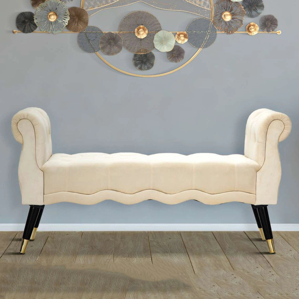 Humahu, Panca in Velluto, con Braccioli e Dettagli Dorati, 120x40x60h cm Bianco Crema