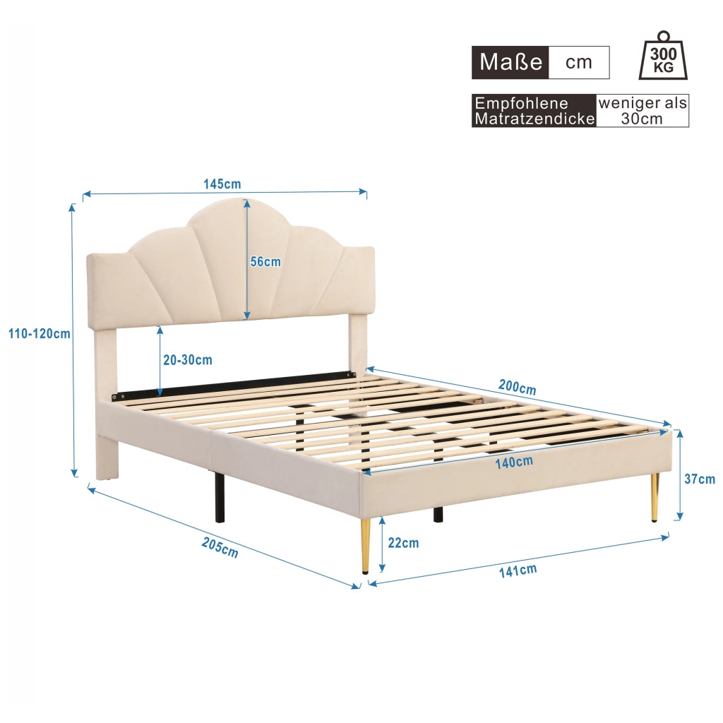 OKWISH Letto Imbottito 140×200 cm, Letto Matrimoniale con Testiera Regolabile e Piedini Dorati, senza Materasso, in Velluto, Beige