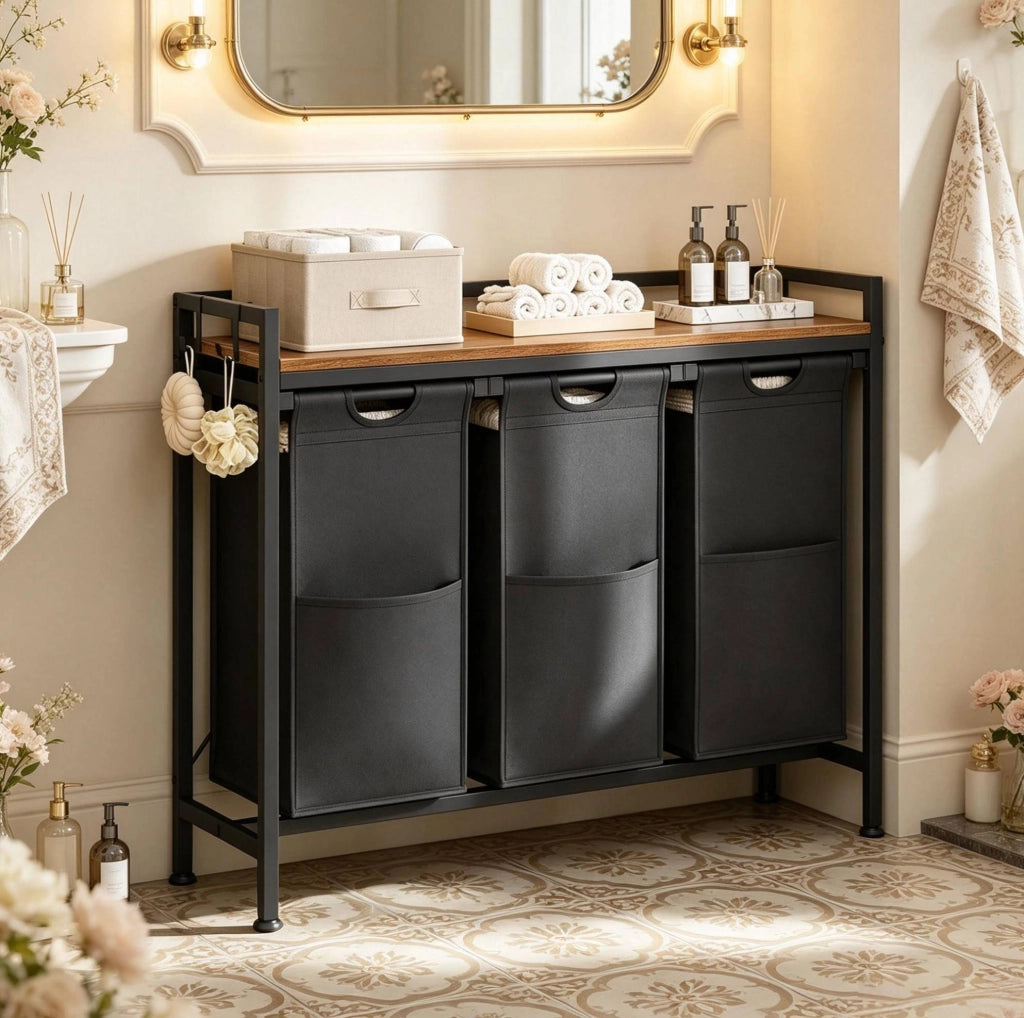 Portabiancheria a 3 scomparti con ripiano e 2 ganci; 96 x 30 x 71 cm; nero e marrone rustico