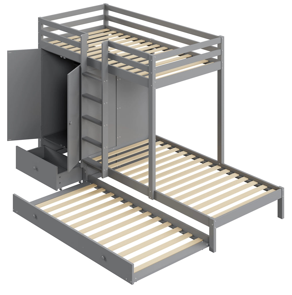 Letto a castello multifunzione 90x200 cm con letto estraibile; armadio e cassetti; in legno grigio