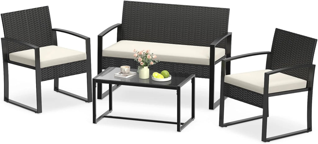 Set Salotto da Giardino a 4 Pezzi, Divanetto in Rattan con 2 Poltrone Ergonomiche e Tavolino con Piano in Vetro Temperato, Set Mobili da Esterno con Cuscini per Balcone e Patio (Grigio)