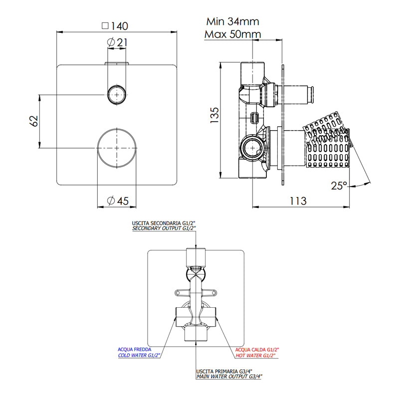 Miscelatore a incasso per vasca/doccia con deviatore 2 vie a pressione, su piastra quadrata - serie Celebrity