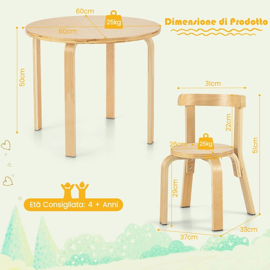 Set Tavolo e Sedie per Bambini - Schienale Curvo in Legno, 4 Sedie, Tavolo Attività per Bambini, Capacità di Peso 25kg, 4+ Anni, Naturale