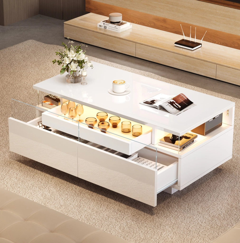Tavolino da salotto 90x45x35;5 cm bianco lucido con vassoio; 2 cassetti e LED