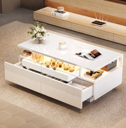 Tavolino da salotto 90x45x35;5 cm bianco lucido con vassoio; 2 cassetti e LED