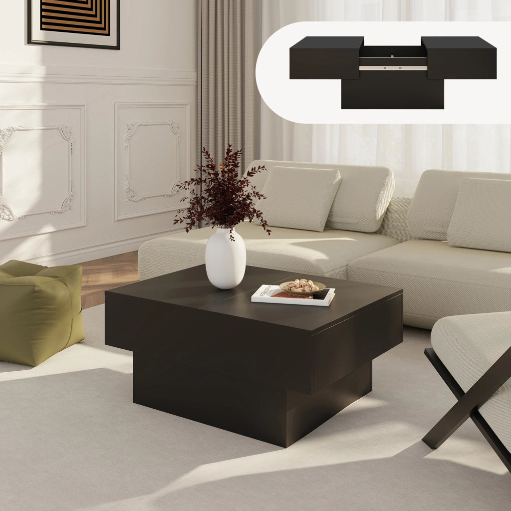 Tavolino Centrale Lens da Salotto con Piano Scorrevole 80 x 60 x 36 cm - Nero [en.casa]
