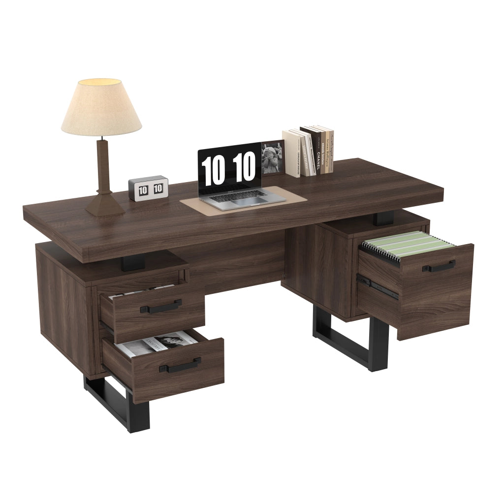 Scrivania lineare con 2 cassetti e vano per raccoglitori, in MDF e metallo, per ufficio, marrone, 135 × 54 cm