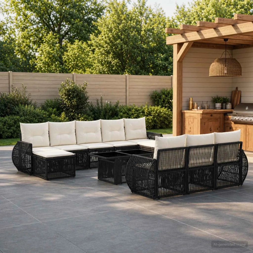 Set Divano da Giardino 11 pz Nero e Bianco Crema polyrattan 3437005