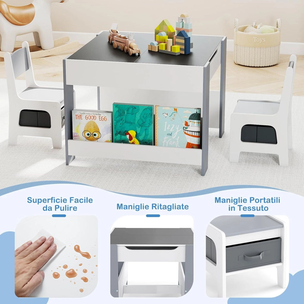 Set Tavolino Bambini con 2 Sedie per Bambini, Tavolo e Sedie 4 in 1 con Piano Doppa Faccia, Librerie Laterali e Scatola in Tessuto, Mobile Salvaspazio per Asilo e Cameretta (Grigio, Stile 2)