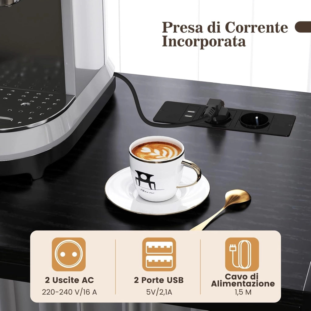 Scaffale da Cucina con Multipresa, Scaffale per Microonde su 5 Ripiani, Mensola da Cucina con 4 Ganci e 9 Portabottiglie di Vino per Sala Pranzo, 107 x 37 x 160 cm (Nero)