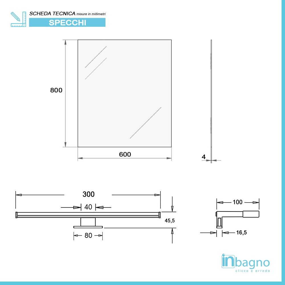 Specchio bagno 60x80 a filo reversibile con lampada naturale 30 cm
